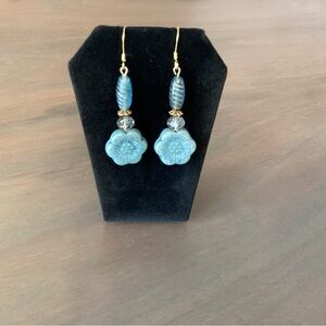 New Dangling Earrings: Handcrafted Czech Flowered Glass Beads in Blue & Gold.